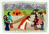Jesús cargando la cruz y mujer de rodillas