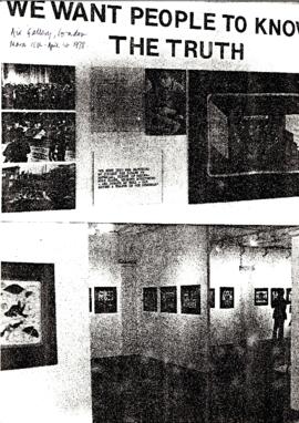 Impresión en blanco y negro sobre papel, exposición de arpilleras “We want people to know the truth” en Air Gallery, Londres.