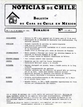 Noticias de Chile. N°215. Año V. Del 2 al 15 de marzo de 1989.