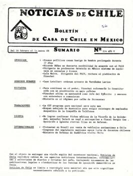 Noticias de Chile. N°214. Año V. Del 16 de febrero al 10 de marzo de 1989.