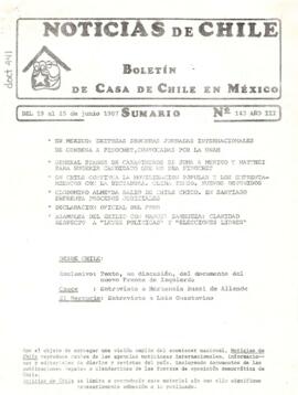 Noticias de Chile. N°143. Año III. Del 19 al 25 de junio de 1987.