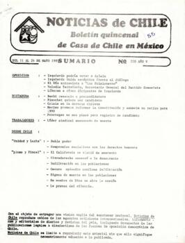 Noticias de Chile. N°220. Año V. Del 11 al 24 de mayo de 1989.