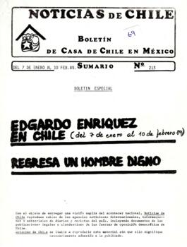 Noticias de Chile. N°213. Del 7 de enero al 10 de febrero de 1989. Boletín Especial