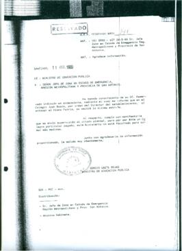 M.E.P.  Reservado N° 148. De Ministro de Educación Pública a Sr. Jefe de Zona en Estado de Emergencia....