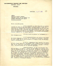 Carta del Rector Eugenio Reyes Tastets, Universidad técnica del Estado, confirmando la expulsión de Marlene Schulz Valdés (1)