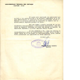 Carta del Rector Eugenio Reyes Tastets, Universidad técnica del Estado, confirmando la expulsión de Marlene Schulz Valdés (2)