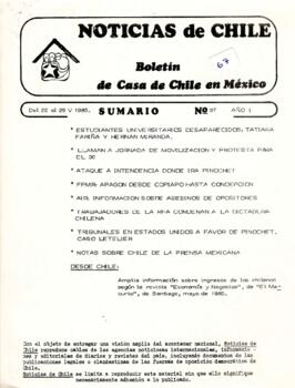 Noticias de Chile. N° 37.  Año I. Del 22 al 29 de mayo de 1985.
