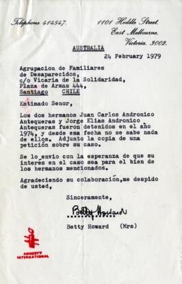 Australia. Agrupacion de Familiares de Desaparecidos, c/o Vicaria de la Solidaridad; Copy to Agrupacion de Familiares de Desaparecidos Per vostra informazione; Sr. Sergio Fernandez Fernandez, Ministerio del Interior