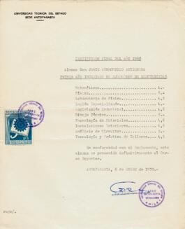 Certificado final del año 1968. Universidad Técnica del Estado, Sede Antofagasta