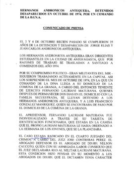 Hermanos Andronicos antequera, Detenidos desaparecidos en octubre de 1974, por un comando de la D.I.N.A. Comunicado de prensa