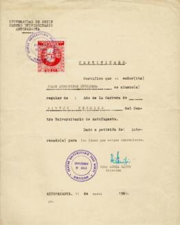 Certificado de alumno regular. Universidad de Chile, Centro Universitario Antofagasta