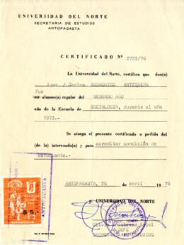 Certificado de alumno regular. Universidad del Norte. Antofagasta