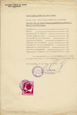 Certificado final del año 1969. Universidad Técnica del Estado, Sede Antofagasta