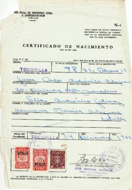 Certificado de nacimiento de Juan Carlos Andrónicos Antequera