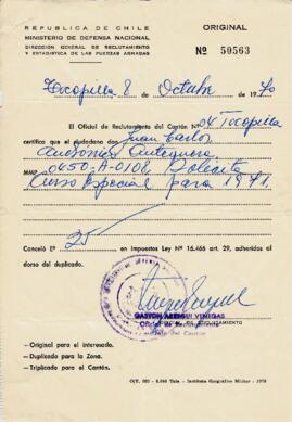 Certificado de situación militar de Juan Carlos Andrónicos Antequera