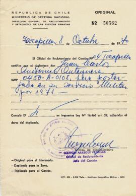 Certificado de situación militar de Juan Carlos Andrónicos Antequera